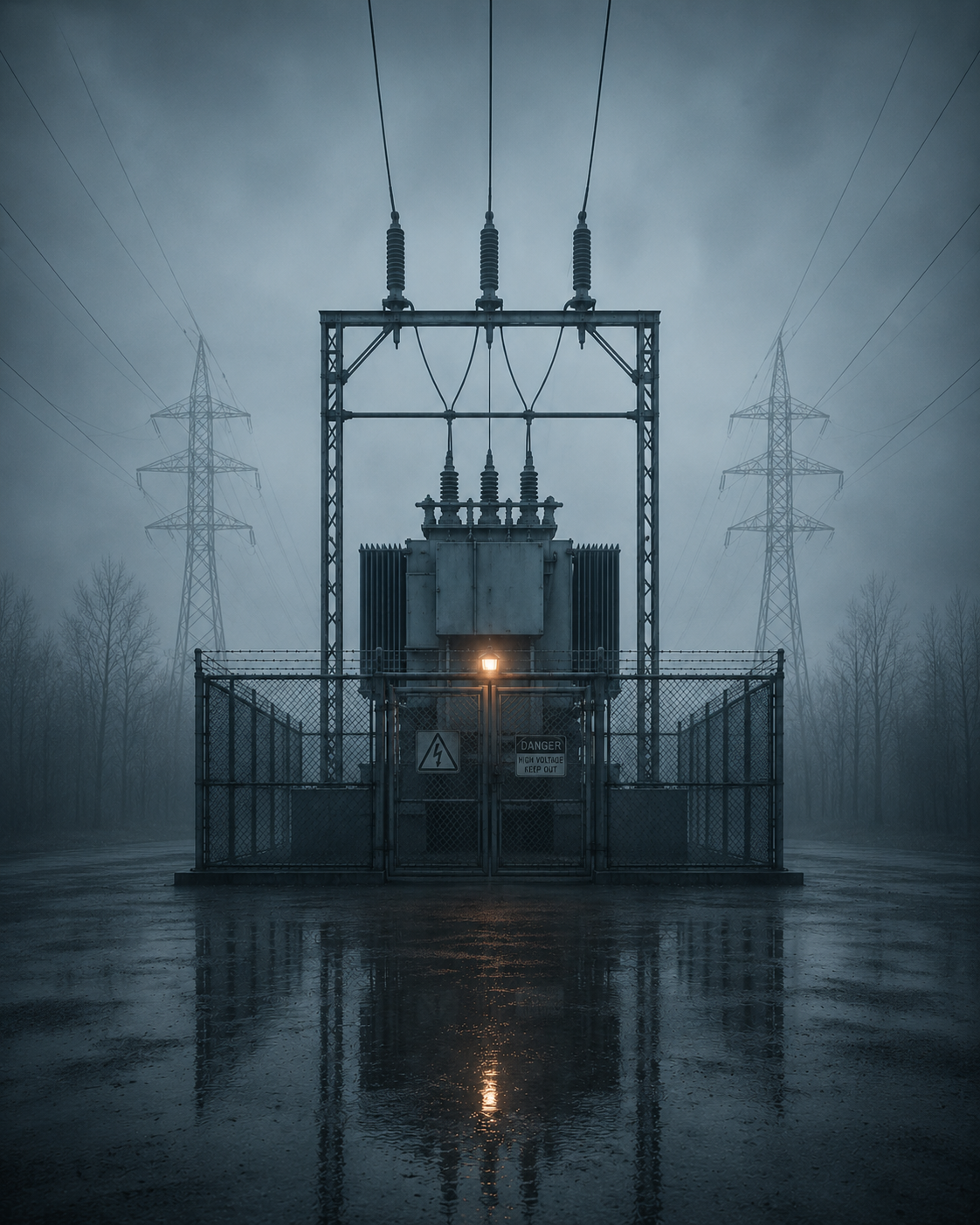 Umspannwerk im Nebel mit warmem Lichtpunkt aus der Serie Silent Structures